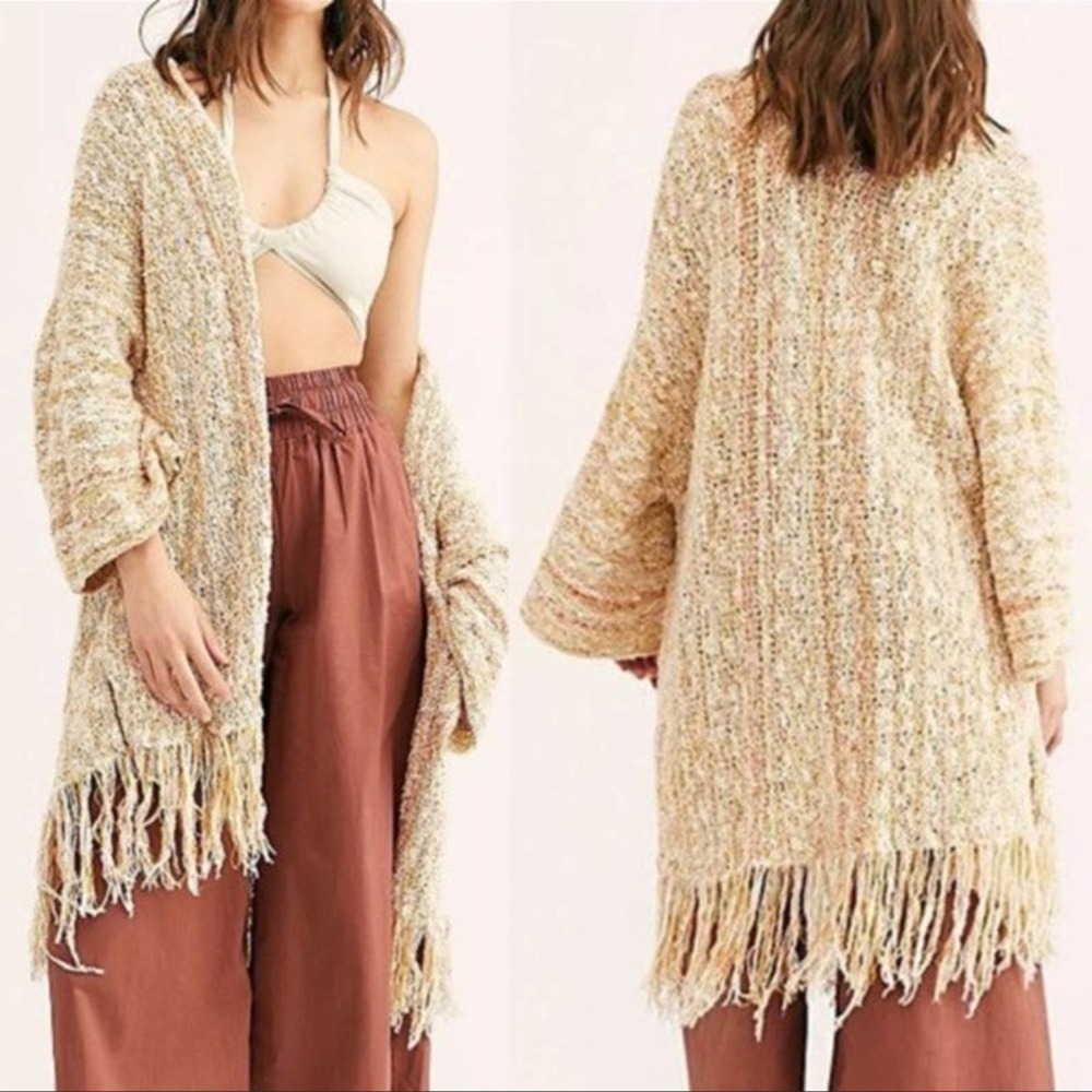 Free People Lucia Fringe Striped Open Weave Flyaway Cardigan Sweater Sz XS/S